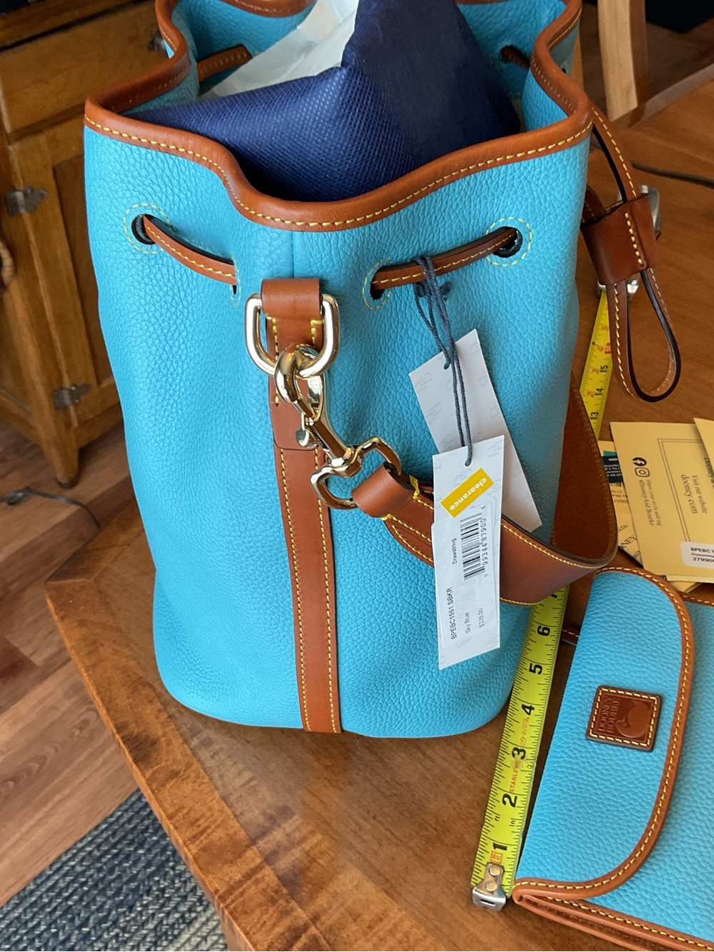 Dooney & Bourke Sky Blue pebble Drawstring Bucket Bag with Matching Wallet - Picture 5 of 15